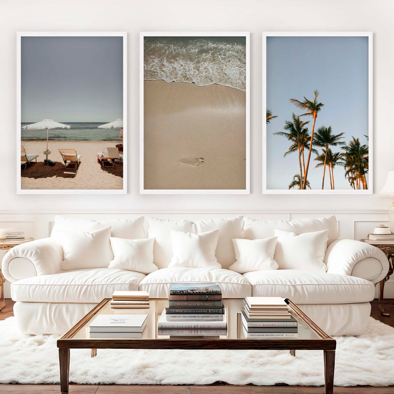 Coastal Beach Wall Decor – Sunbeds, Palms & Footprints (Set of 3) - White Framed Poster No Border - Artworksets