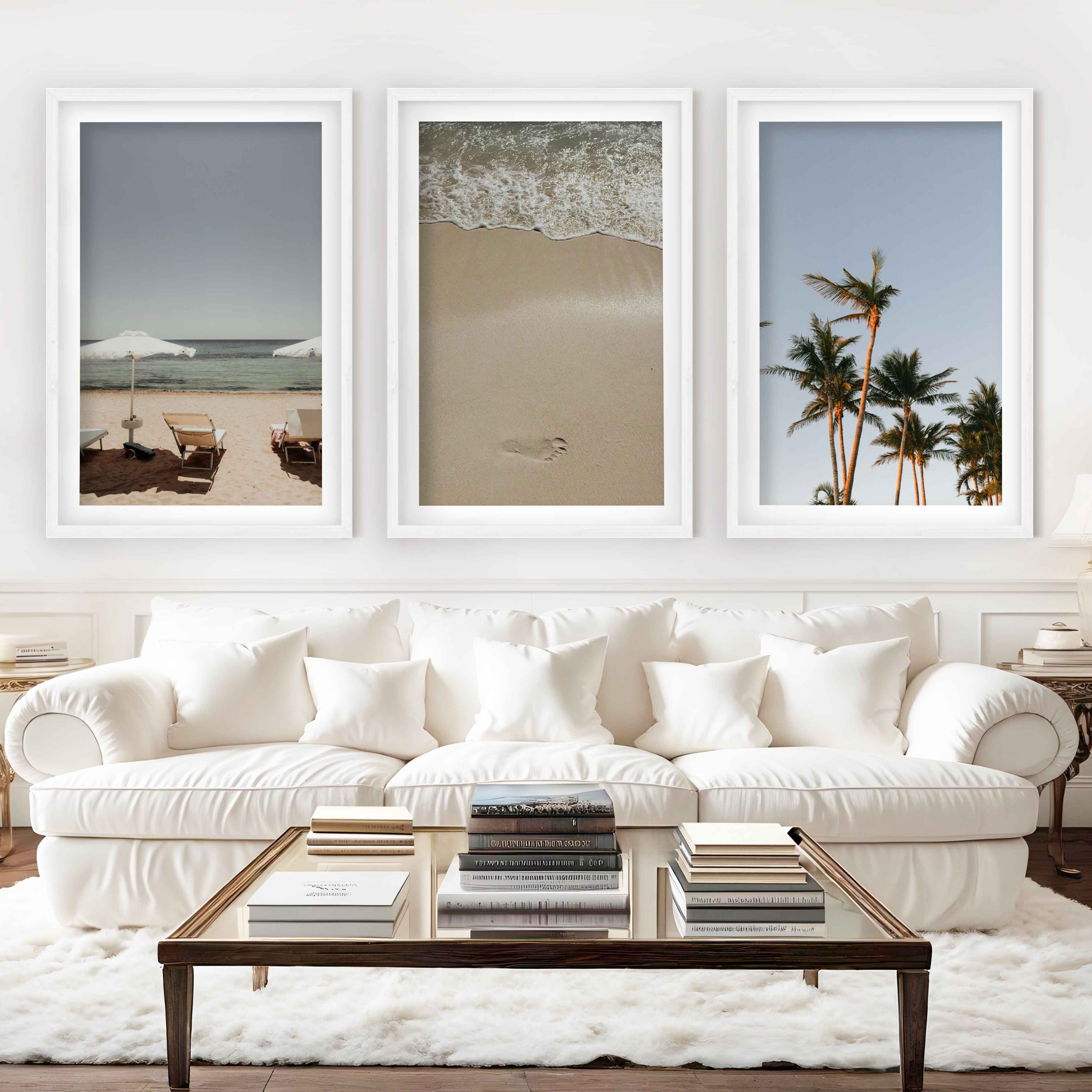 Coastal Beach Wall Decor – Sunbeds, Palms & Footprints (Set of 3) - White Framed Poster with White Border - Artworksets