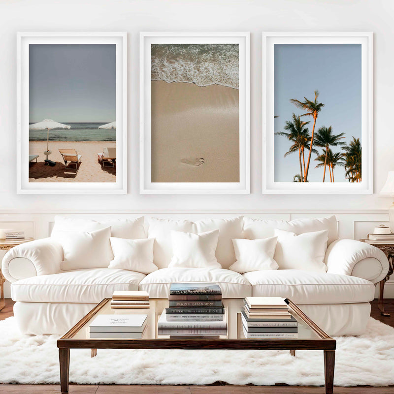Coastal Beach Wall Decor – Sunbeds, Palms & Footprints (Set of 3) - White Framed Poster with White Border - Artworksets