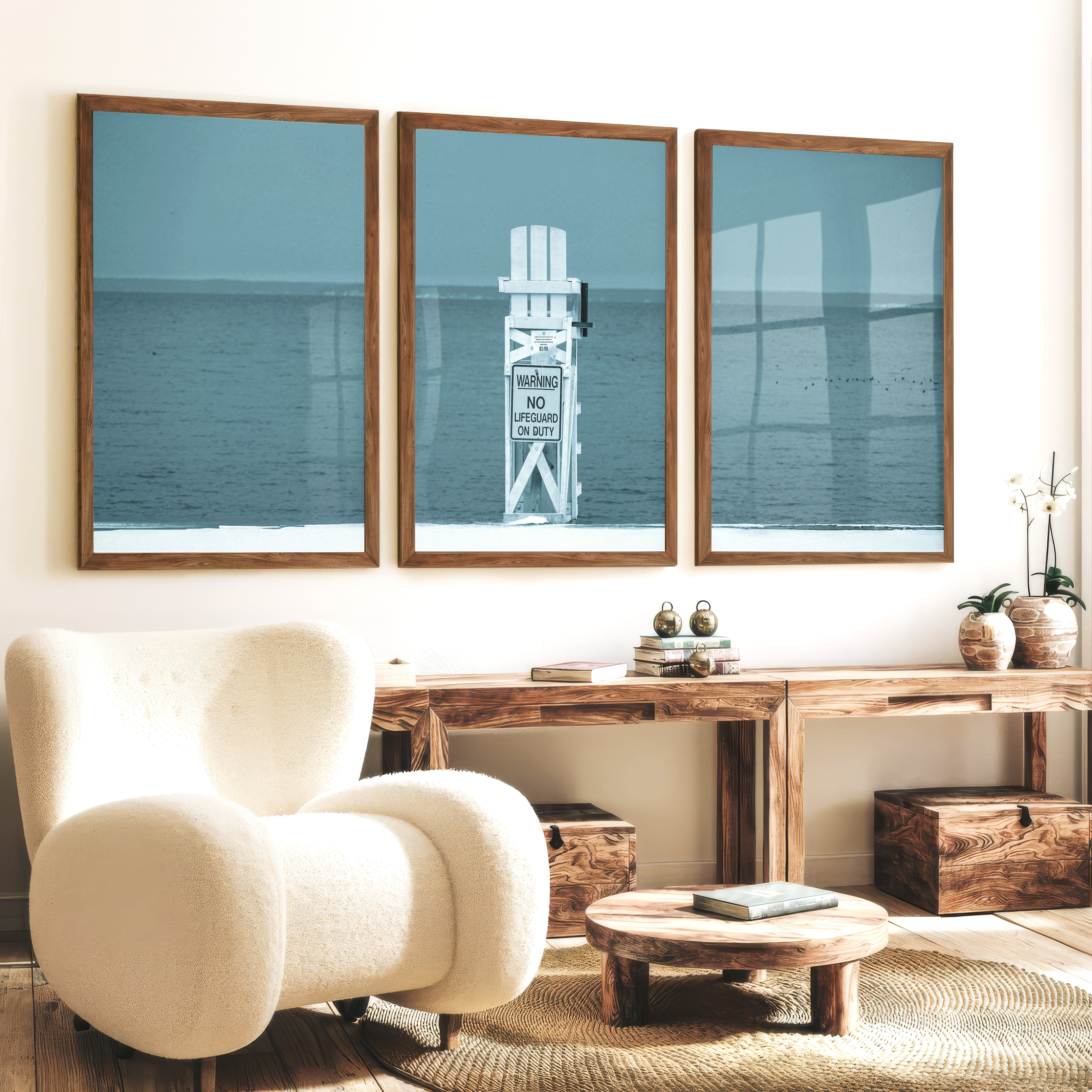 Lifeguard Chair Coastal Bedroom Wall Decor - Dark Brown Framed Poster No Border - Artworksets