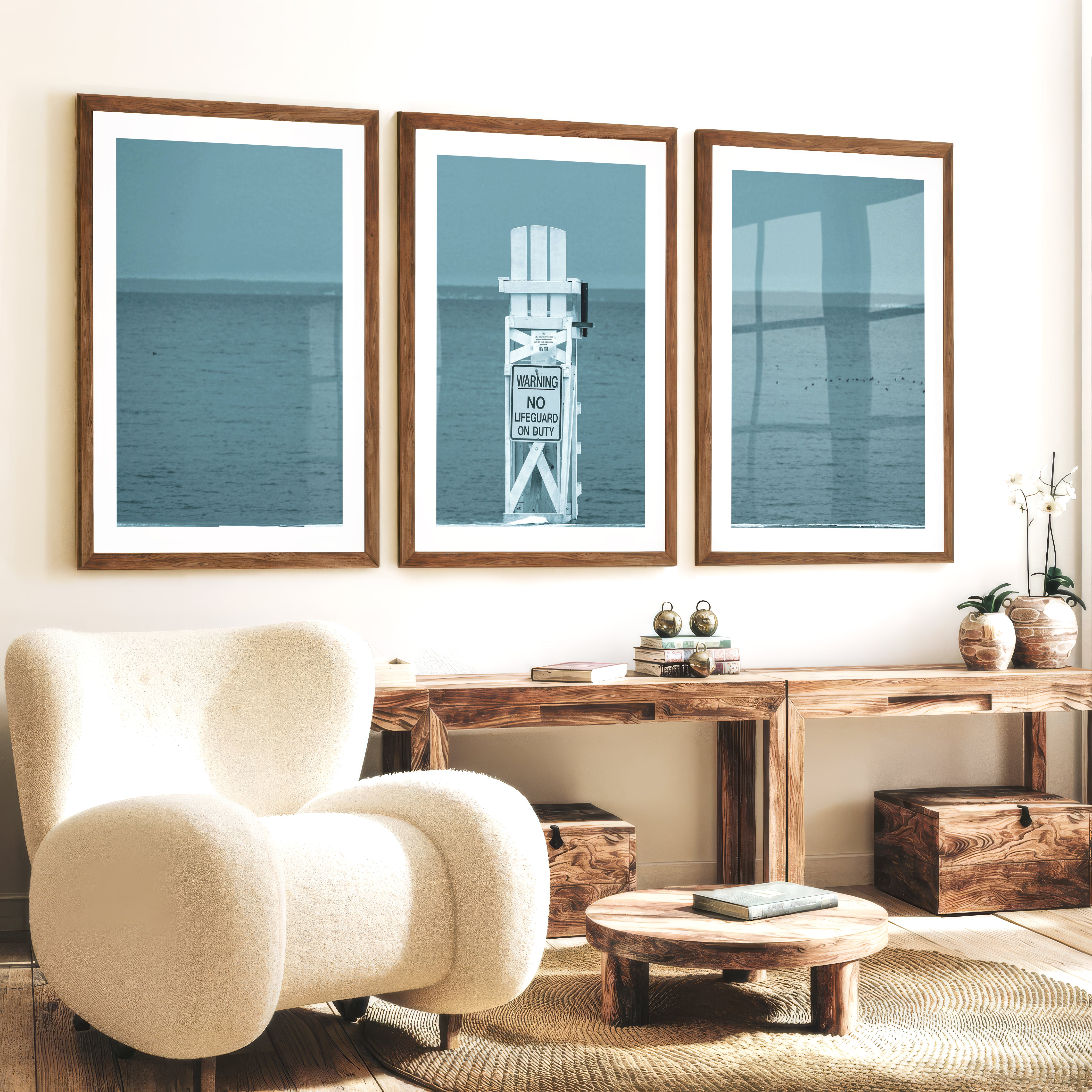Lifeguard Chair Coastal Bedroom Wall Decor - Dark Brown Framed Poster with White Border - Artworksets