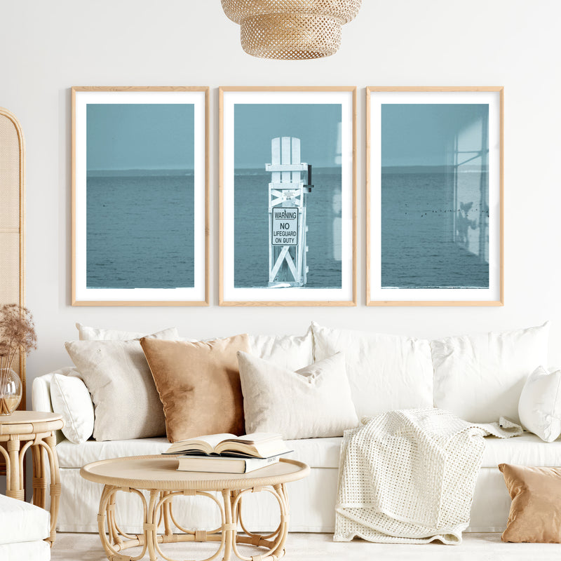 Lifeguard Chair Coastal Bedroom Wall Decor- Natural Wood Framed Poster with White Border - Artworksets