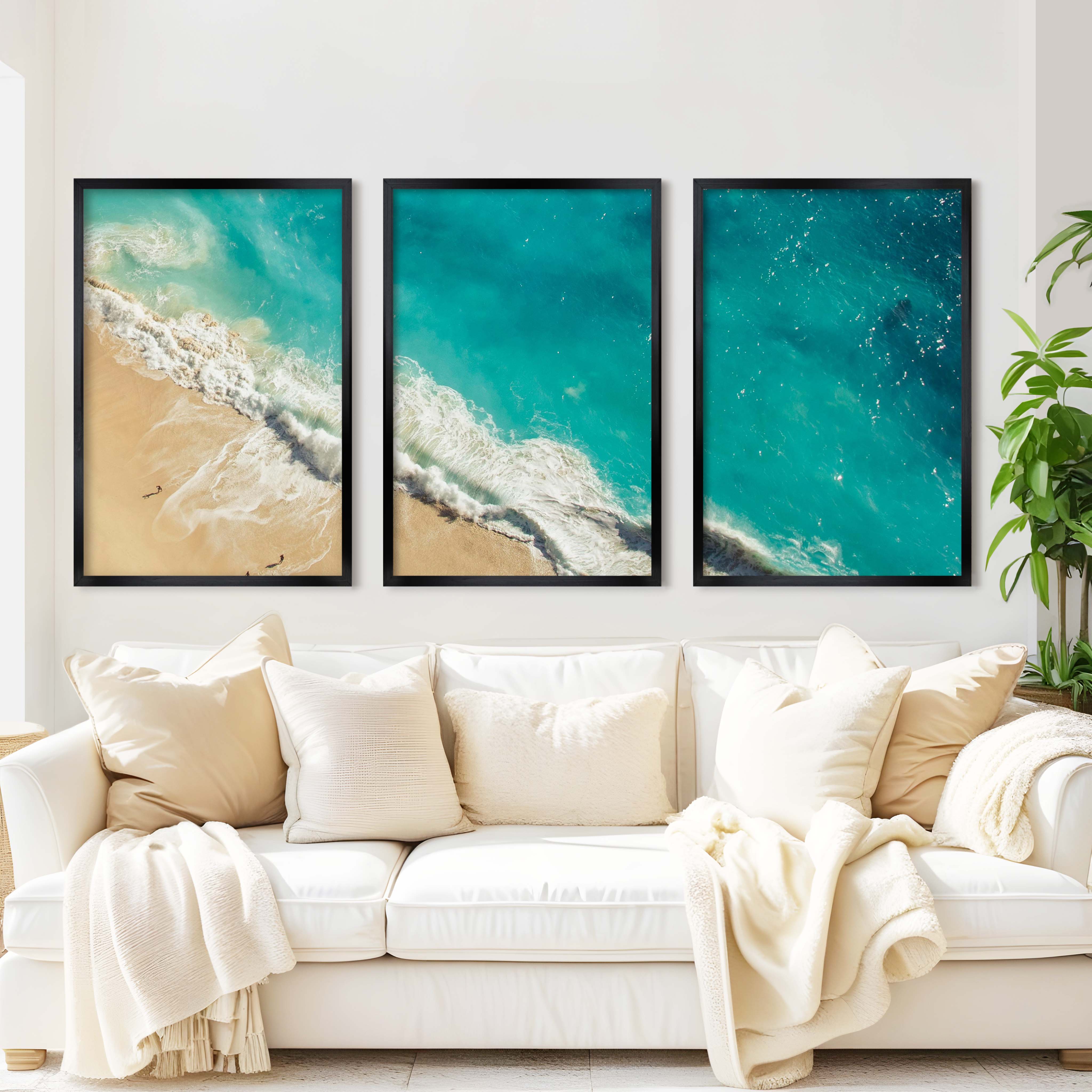 Coastal Calm Wall Art – Aerial View of Clear Waves and Beach - Black Framed Poster No Border - Artworksets