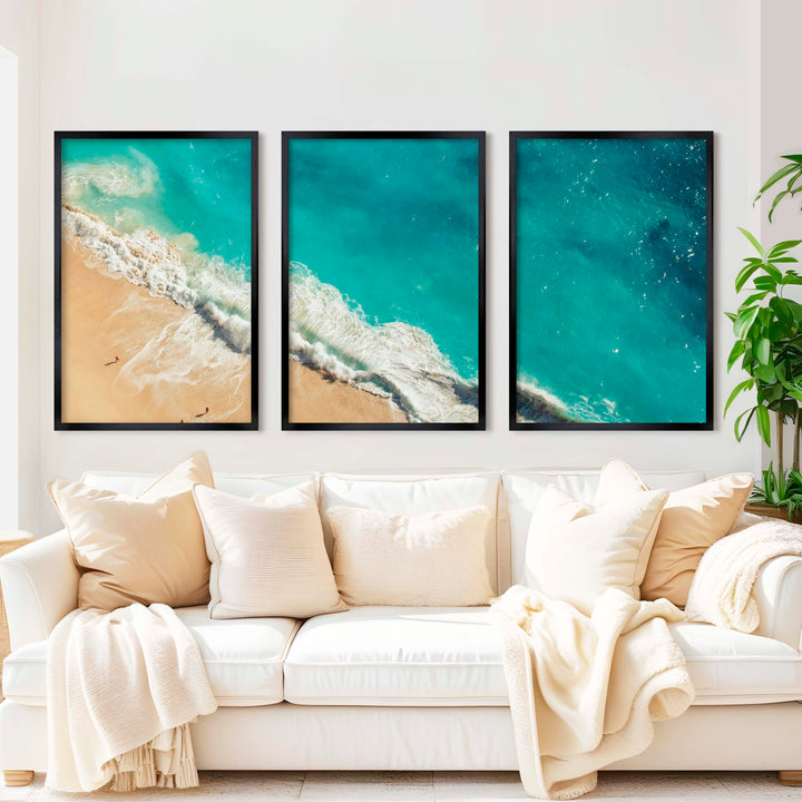 Coastal Calm Wall Art – Aerial View of Clear Waves and Beach - Black Framed Poster No Border - Artworksets
