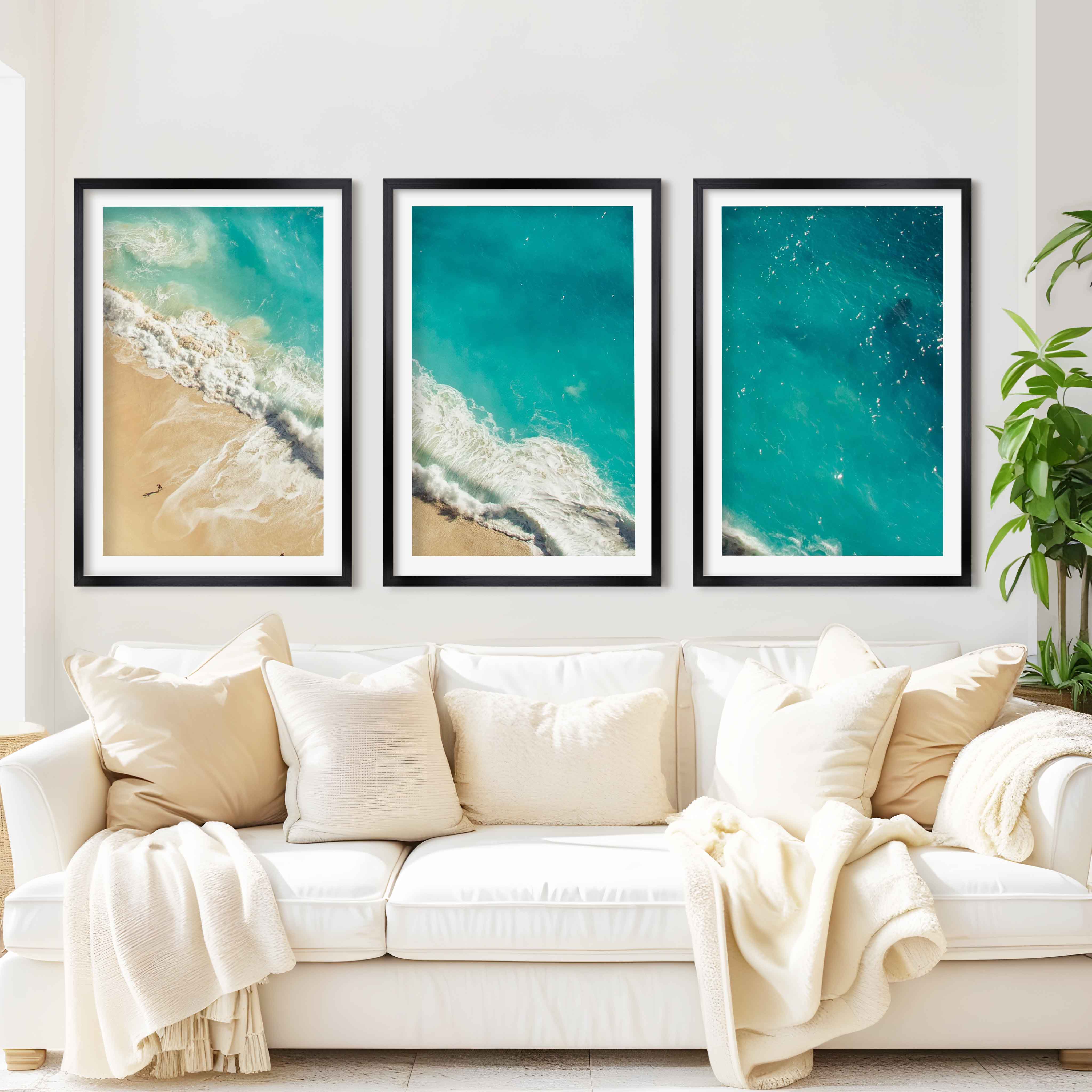 Coastal Calm Wall Art – Aerial View of Clear Waves and Beach - Black Framed Poster with White Border - Artworksets