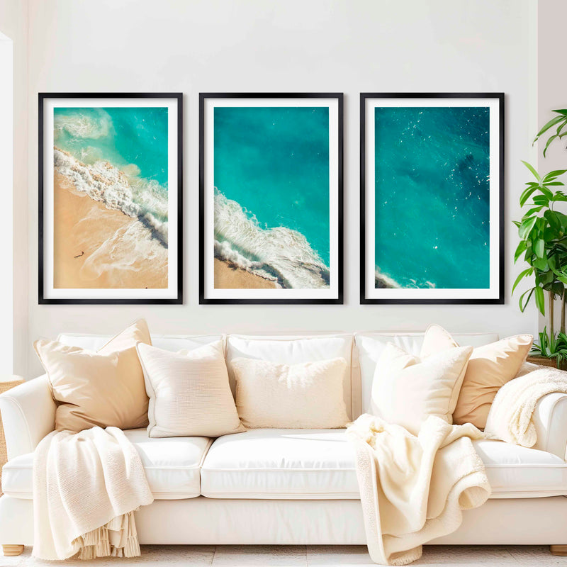 Coastal Calm Wall Art – Aerial View of Clear Waves and Beach - Black Framed Poster with White Border - Artworksets