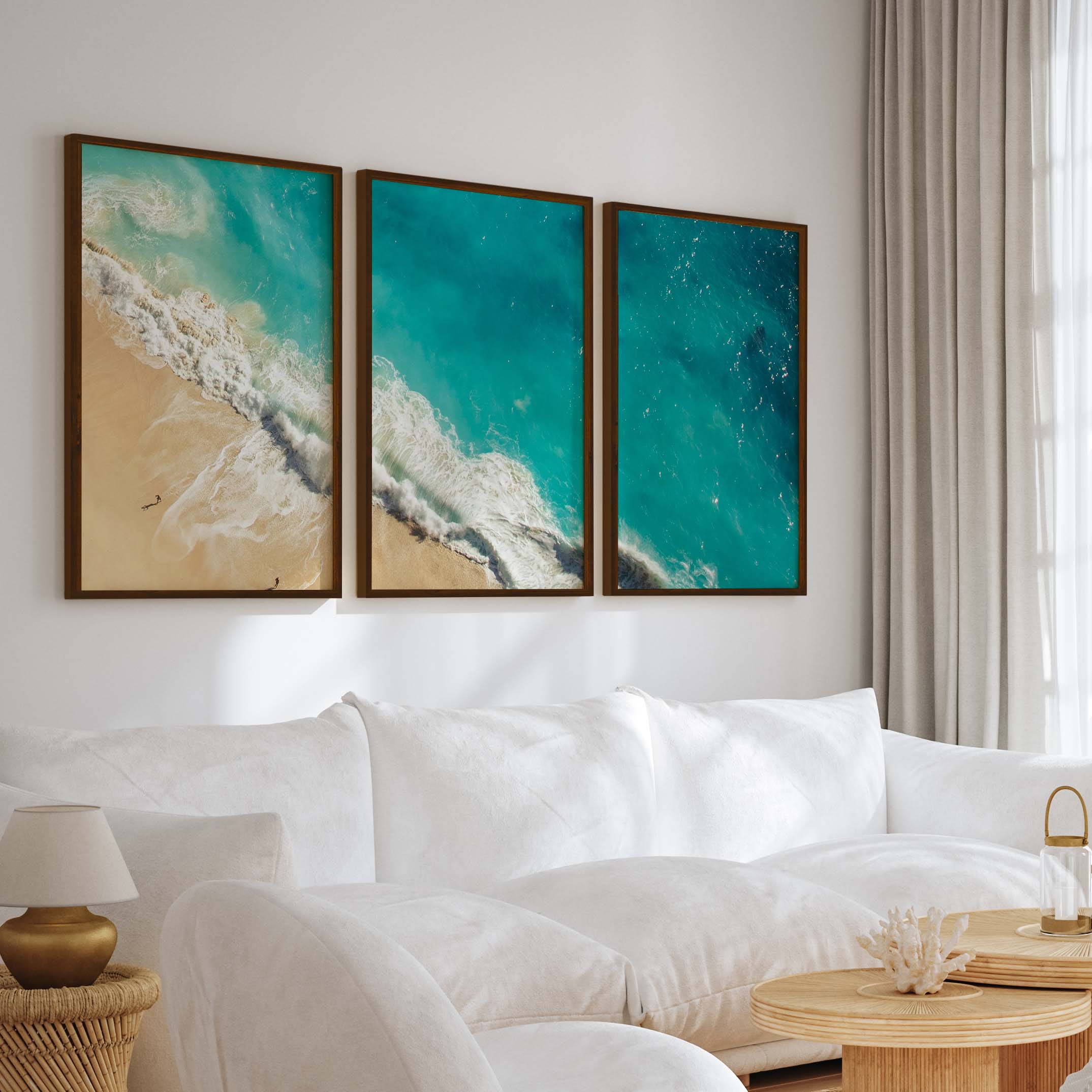 Coastal Calm Wall Art – Aerial View of Clear Waves and Beach - Dark Brown Framed Poster No Border - Artworksets