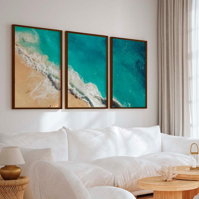 Coastal Calm Wall Art – Aerial View of Clear Waves and Beach - Dark Brown Framed Poster No Border - Artworksets