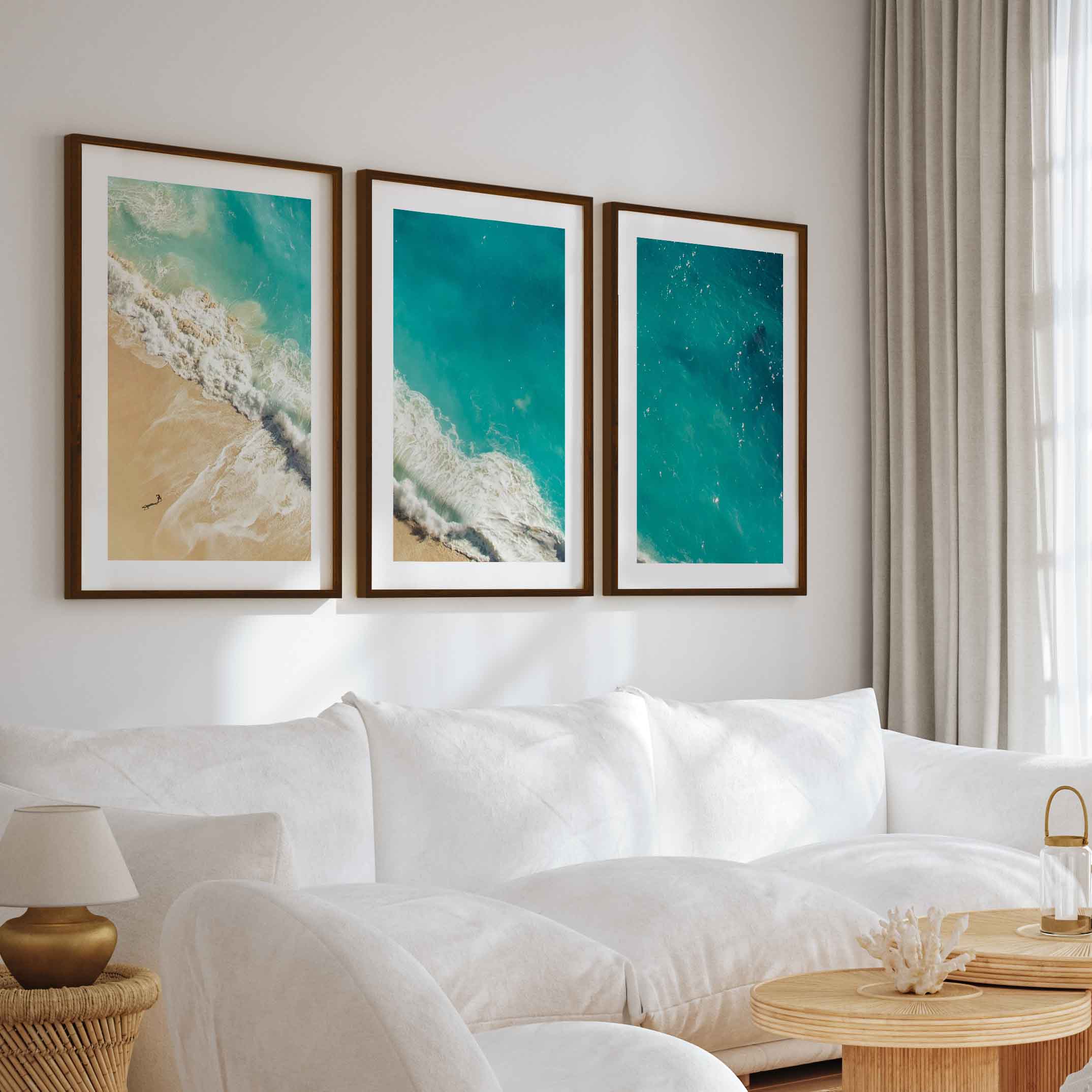 Coastal Calm Wall Art – Aerial View of Clear Waves and Beach - Dark Brown Framed Poster with White Border - Artworksets
