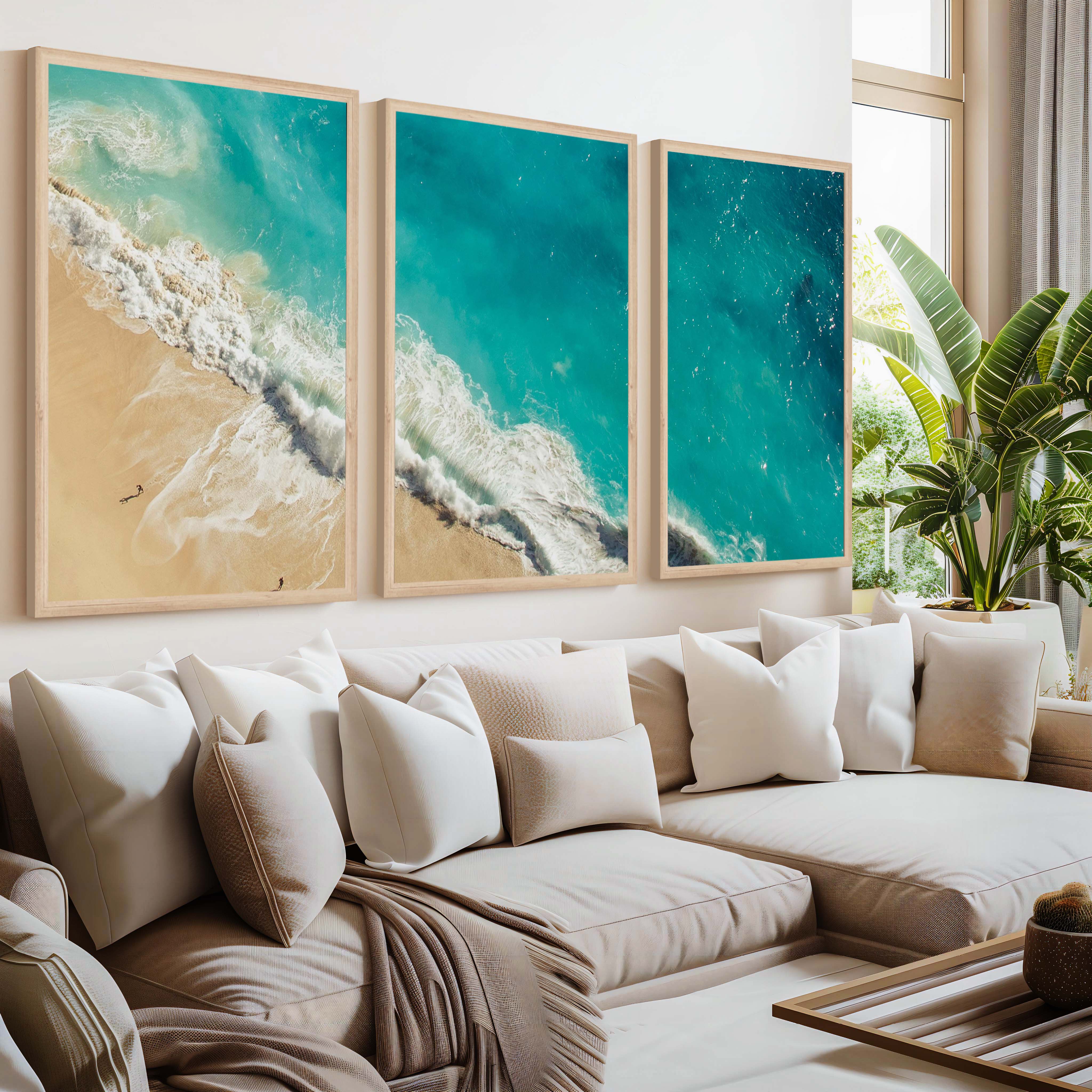 Coastal Calm Wall Art – Aerial View of Clear Waves and Beach - Natural Wood Framed Poster No Border - Artworksets