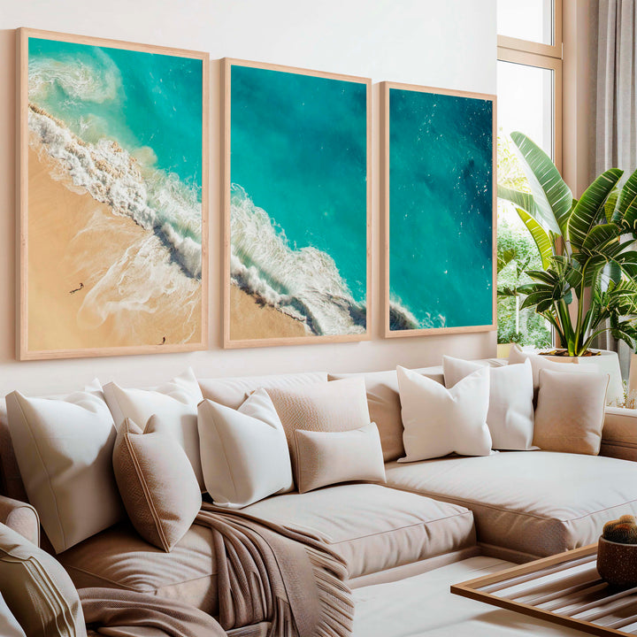 Coastal Calm Wall Art – Aerial View of Clear Waves and Beach - Natural Wood Framed Poster No Border - Artworksets