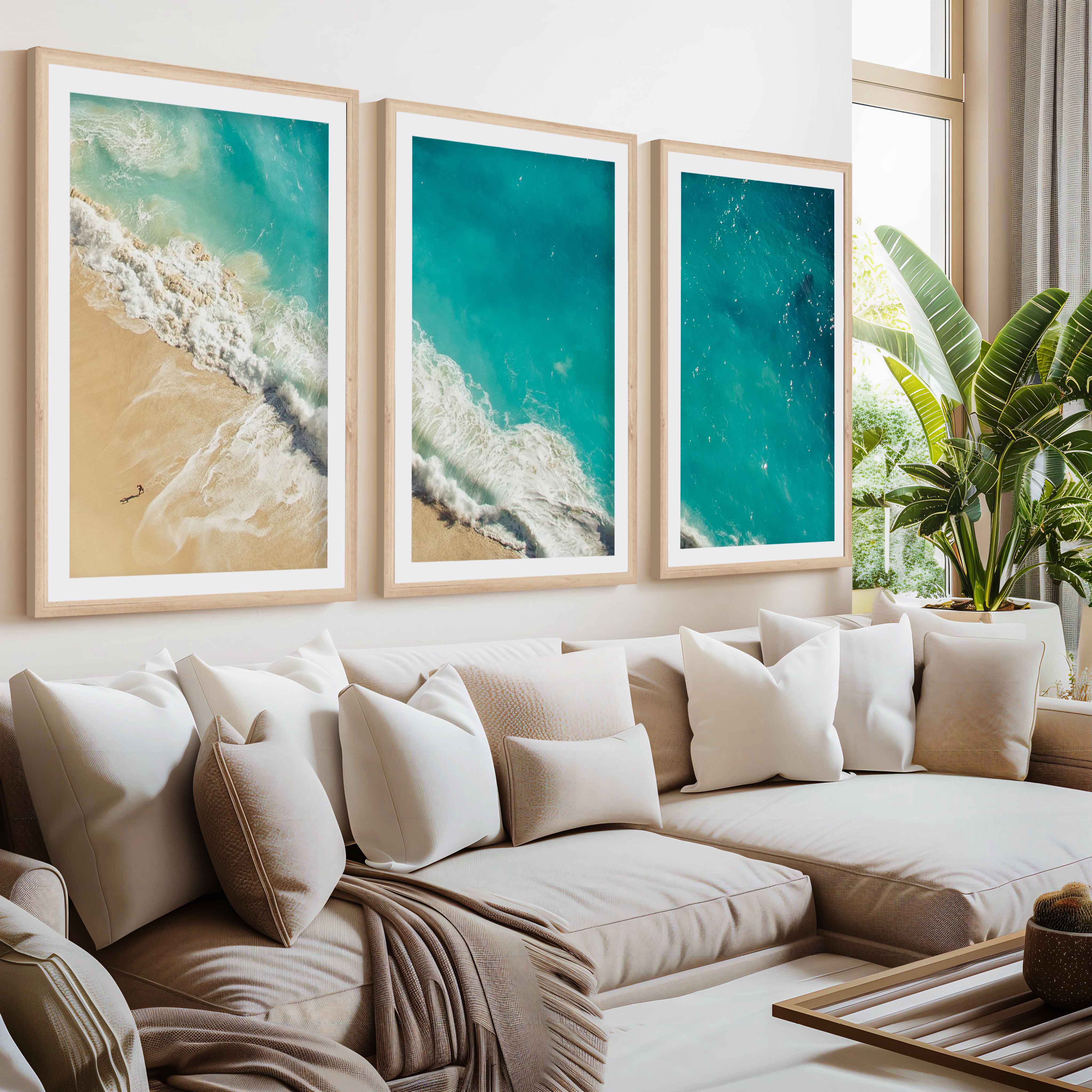 Coastal Calm Wall Art – Aerial View of Clear Waves and Beach- Natural Wood Framed Poster with White Border - Artworksets