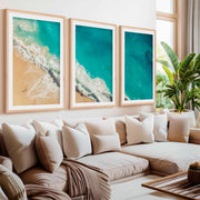 Coastal Calm Wall Art – Aerial View of Clear Waves and Beach- Natural Wood Framed Poster with White Border - Artworksets