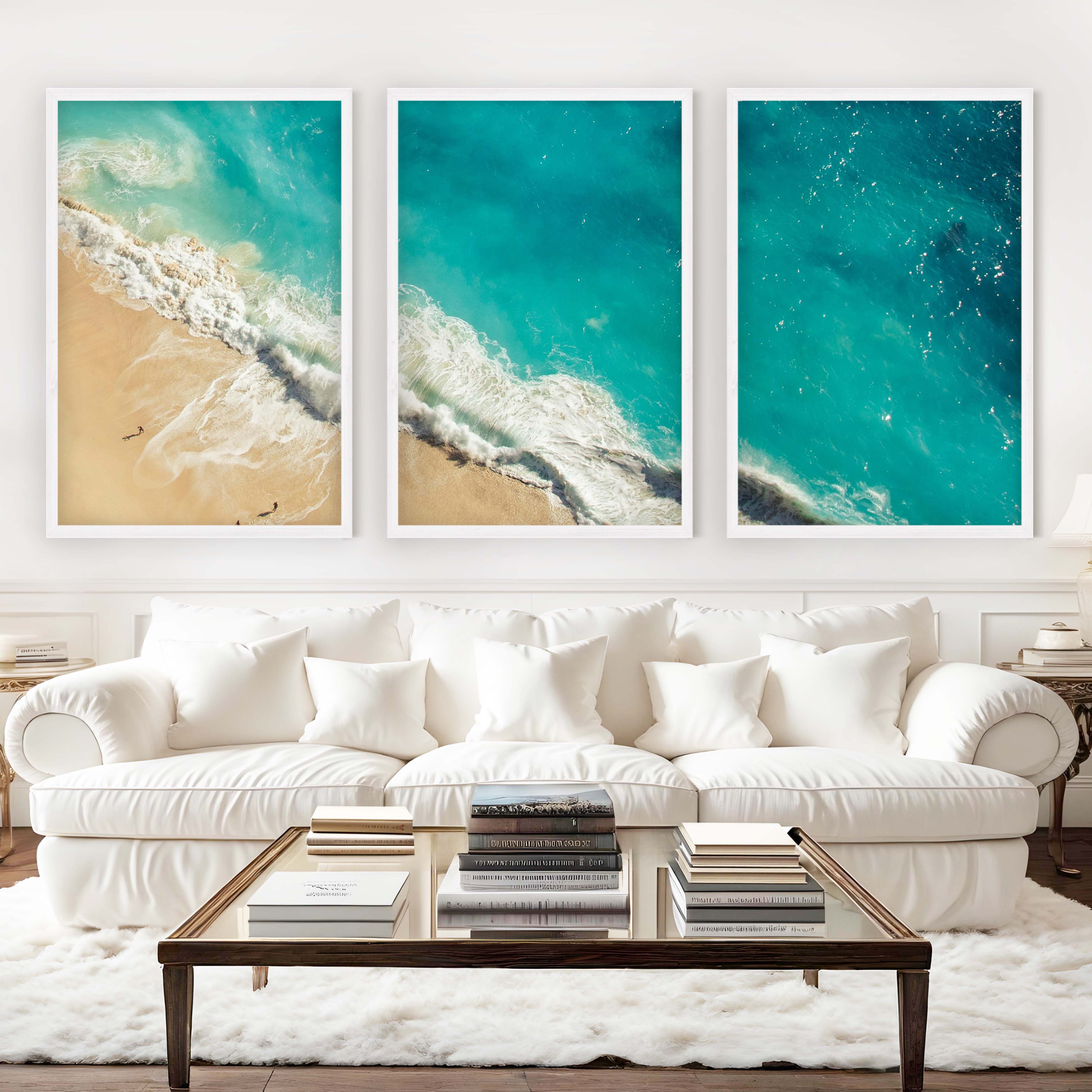 Coastal Calm Wall Art – Aerial View of Clear Waves and Beach - White Framed Poster No Border - Artworksets