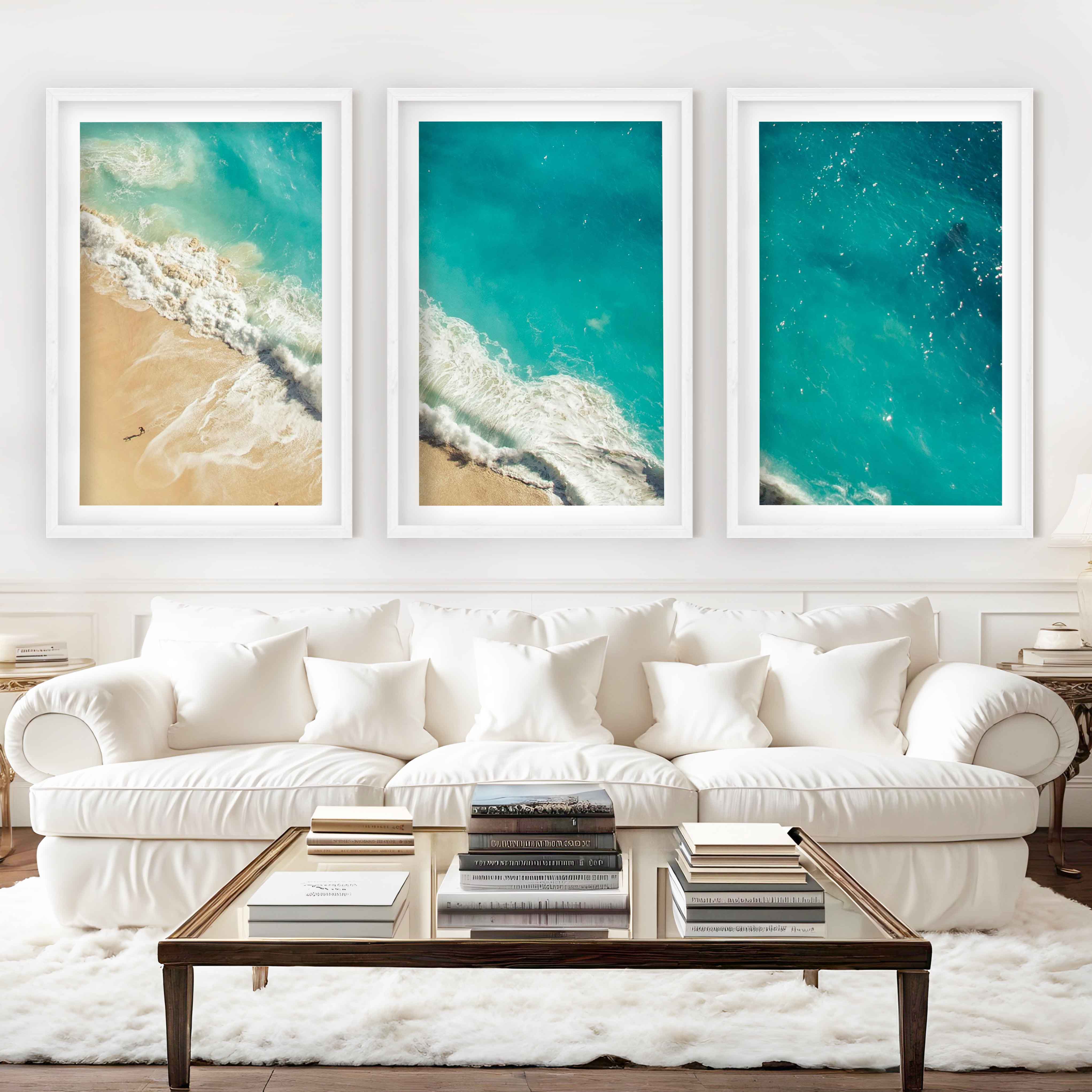 Coastal Calm Wall Art – Aerial View of Clear Waves and Beach - White Framed Poster with White Border - Artworksets