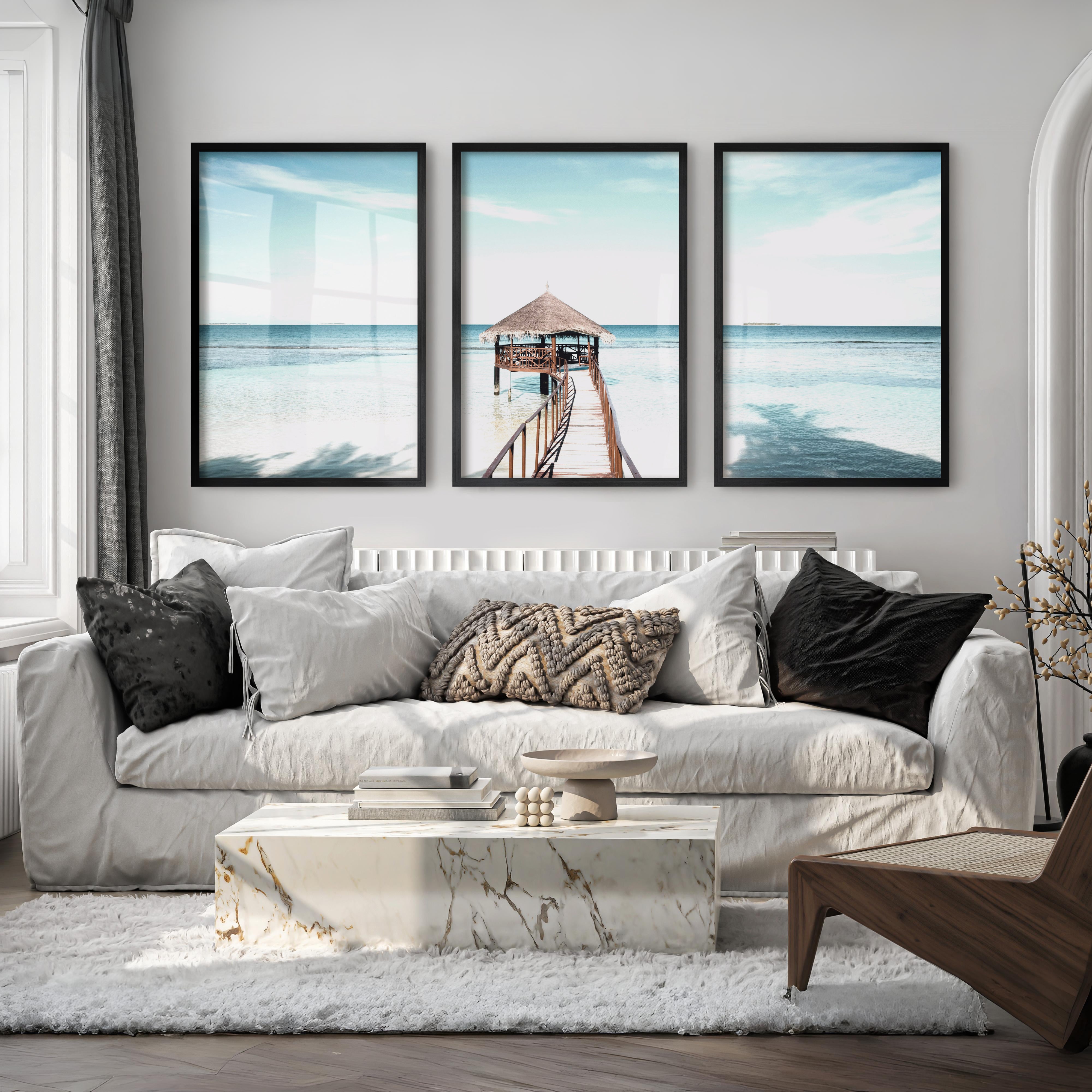 Thatched Pier coastal calm wall art - Black Framed Poster No Border - Artworksets