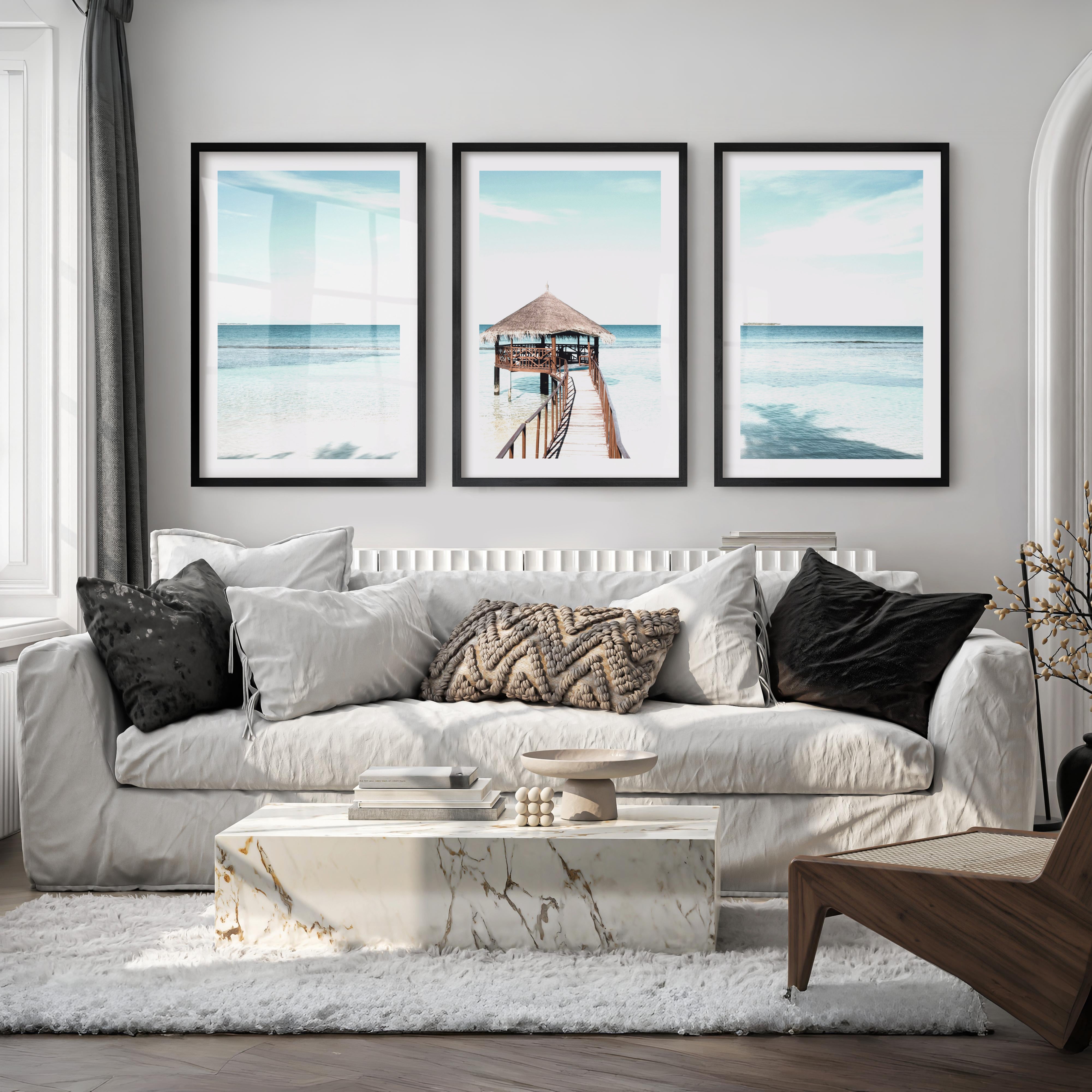 Thatched Pier coastal calm wall art - Black Framed Poster with White Border - Artworksets