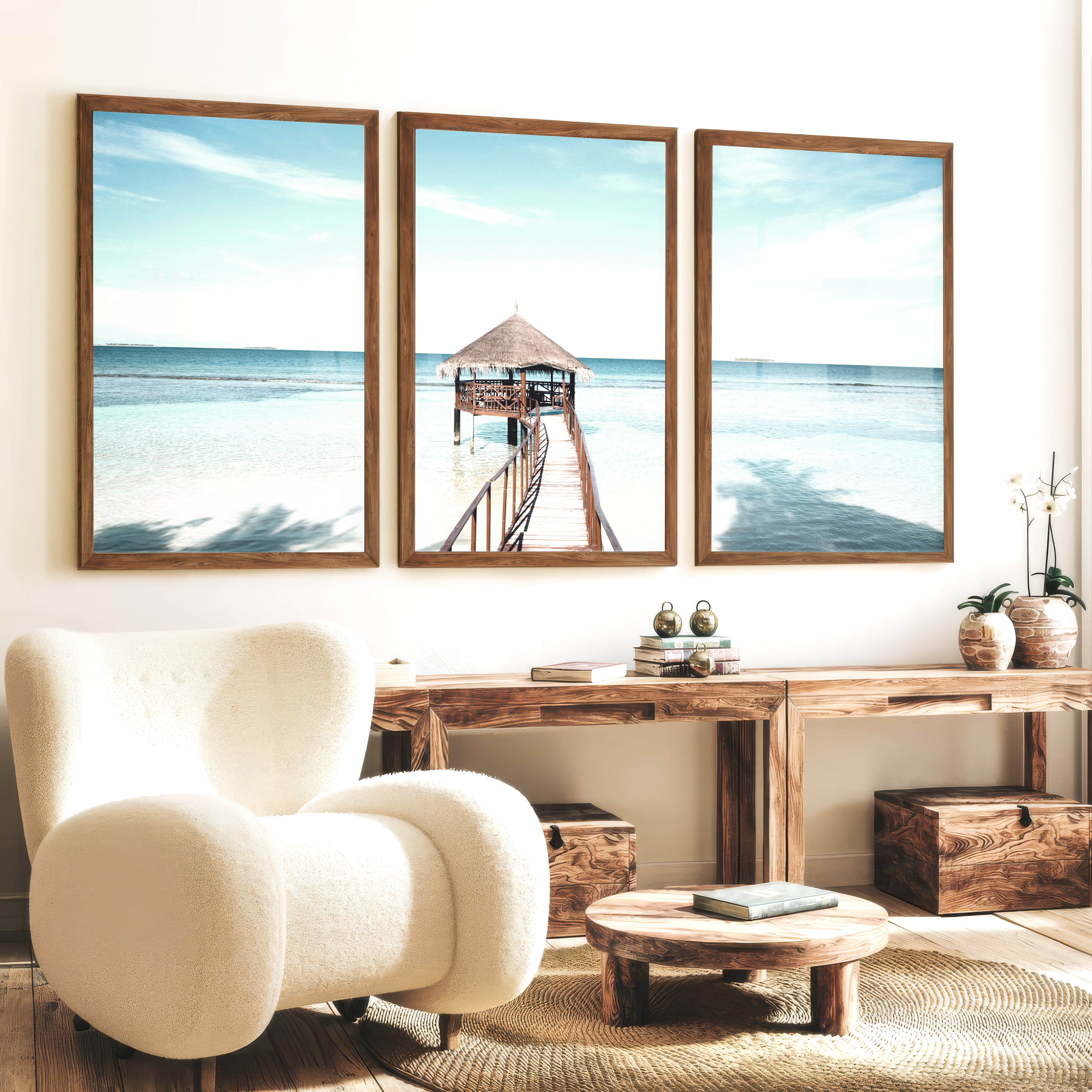 Thatched Pier coastal calm wall art - Dark Brown Framed Poster No Border - Artworksets