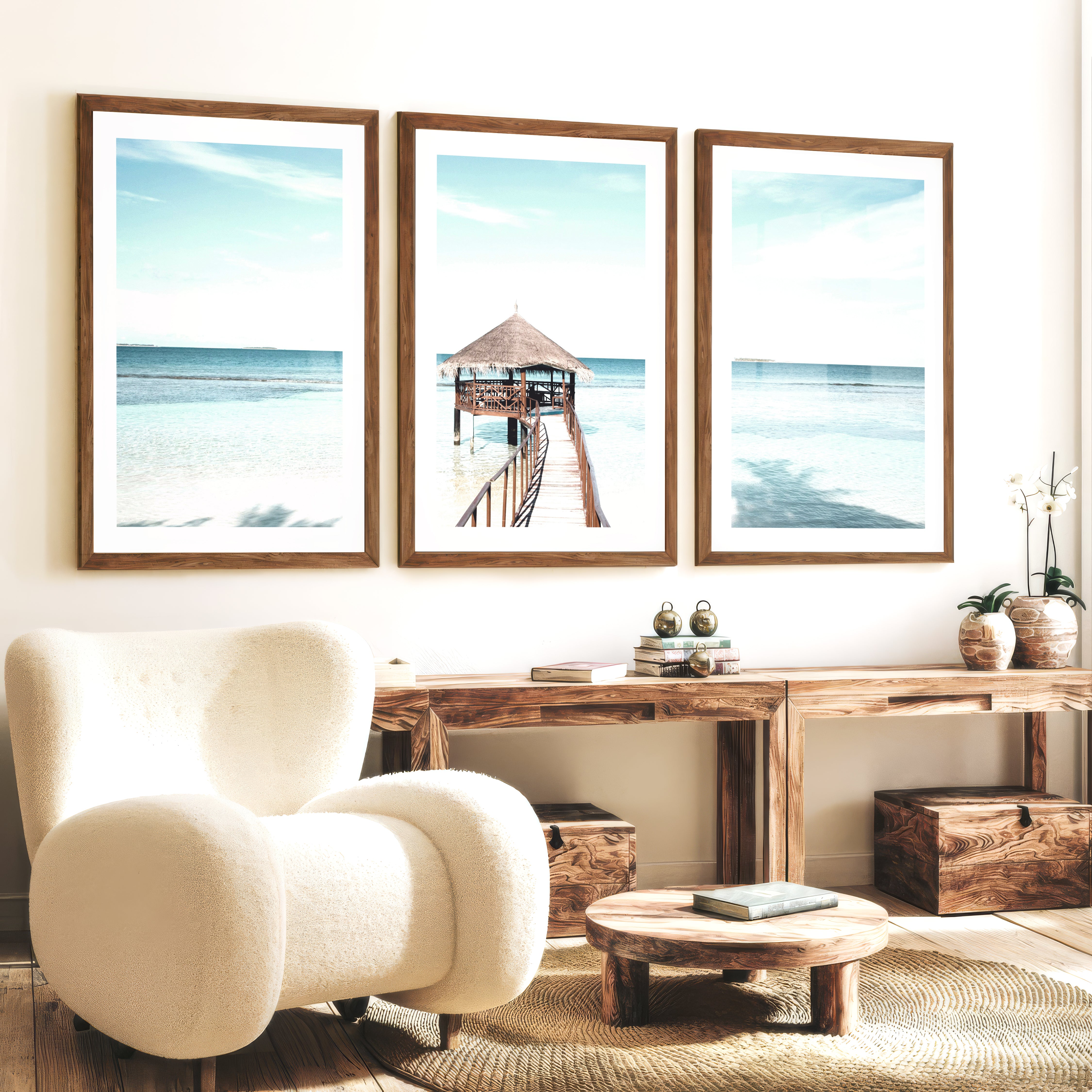Thatched Pier coastal calm wall art - Dark Brown Framed Poster with White Border - Artworksets