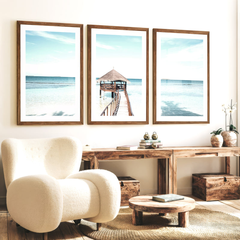Thatched Pier coastal calm wall art - Dark Brown Framed Poster with White Border - Artworksets