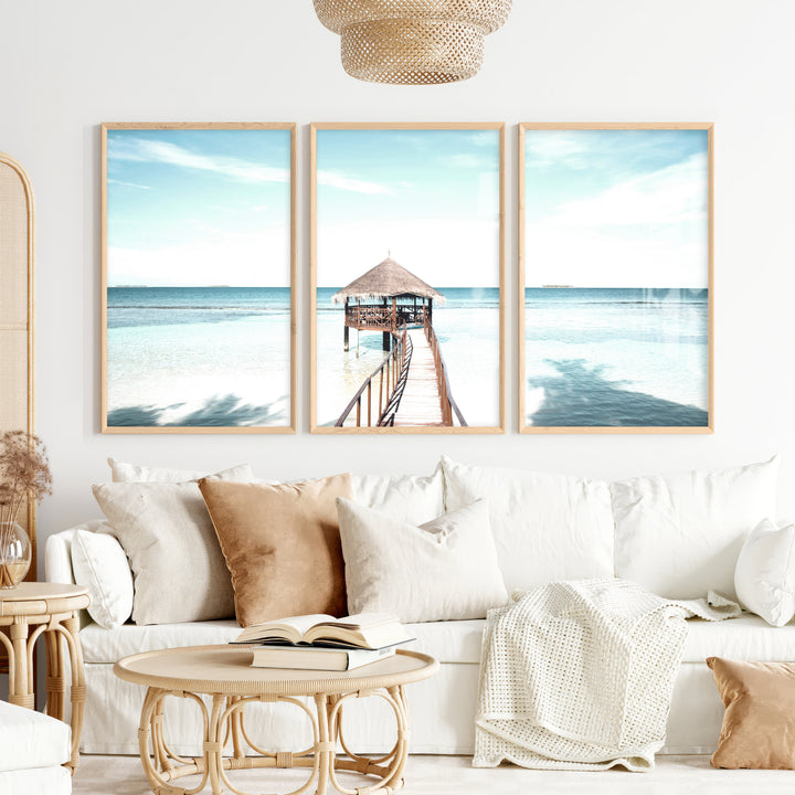 Thatched Pier coastal calm wall art - Natural Wood Framed Poster No Border - Artworksets