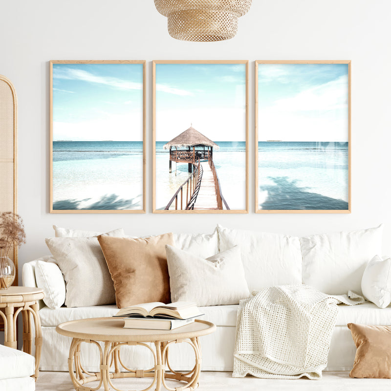 Thatched Pier coastal calm wall art - Natural Wood Framed Poster No Border - Artworksets