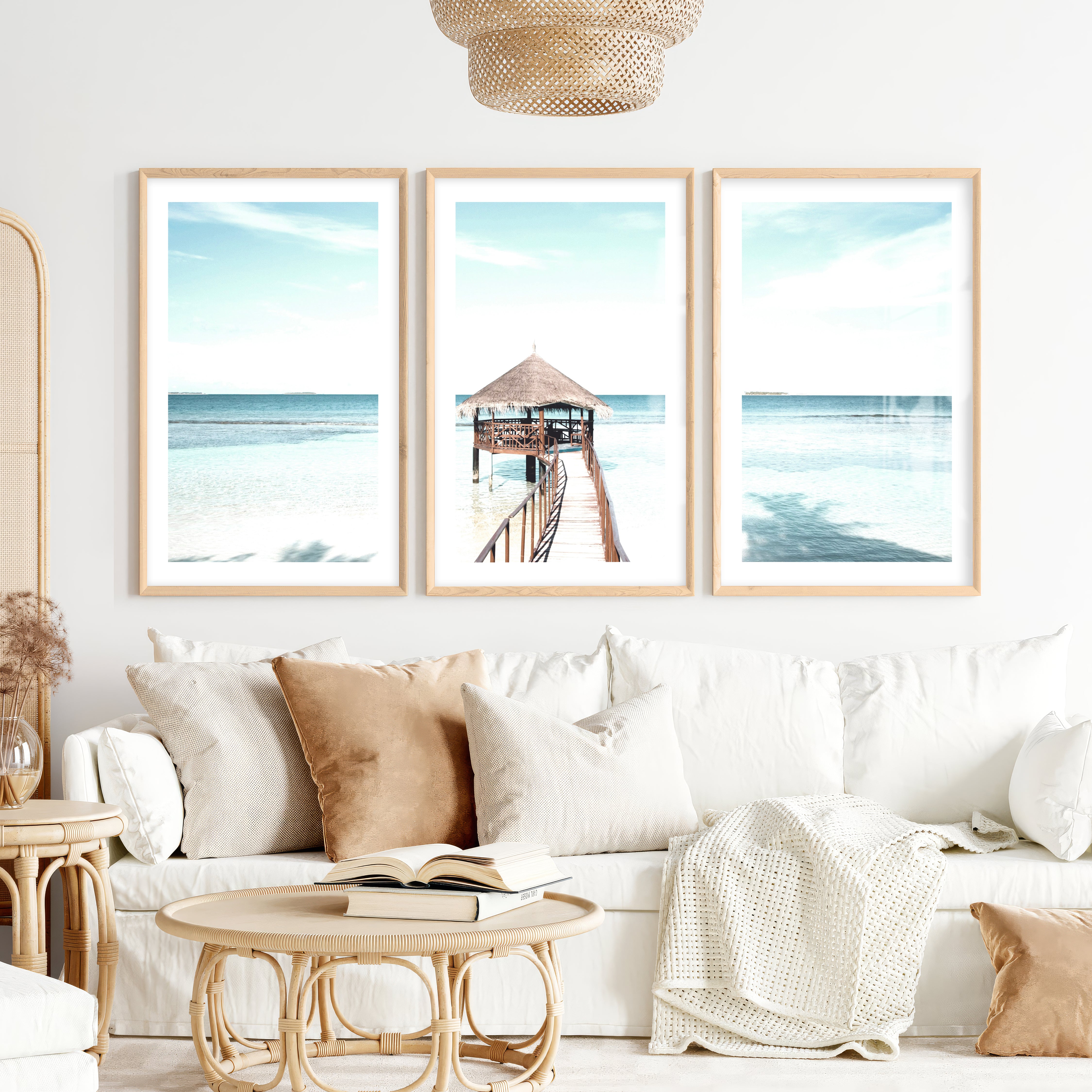 Thatched Pier coastal calm wall art- Natural Wood Framed Poster with White Border - Artworksets