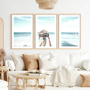 Thatched Pier coastal calm wall art- Natural Wood Framed Poster with White Border - Artworksets