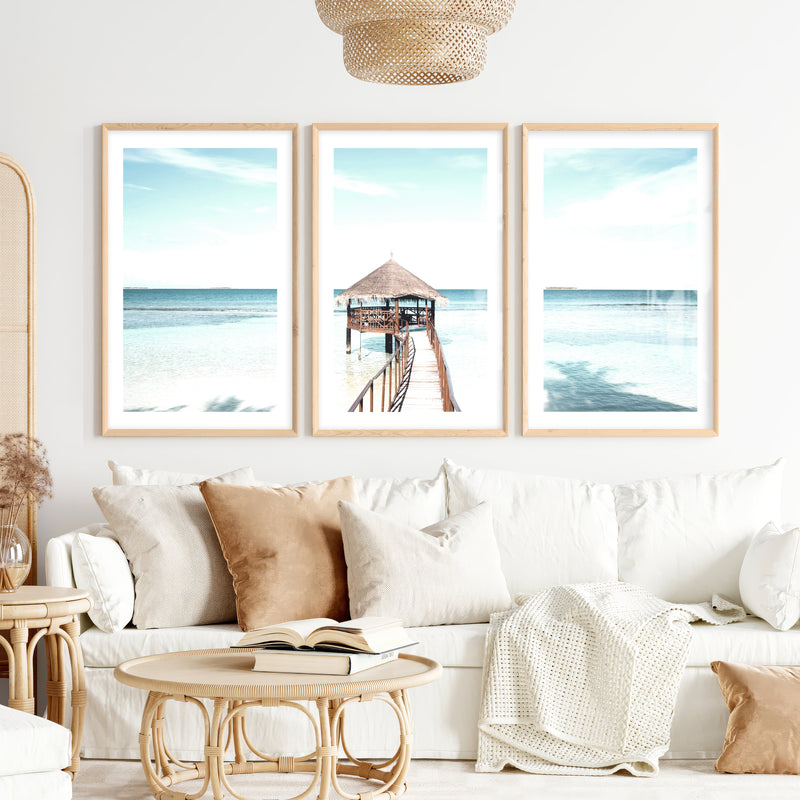 Thatched Pier coastal calm wall art- Natural Wood Framed Poster with White Border - Artworksets