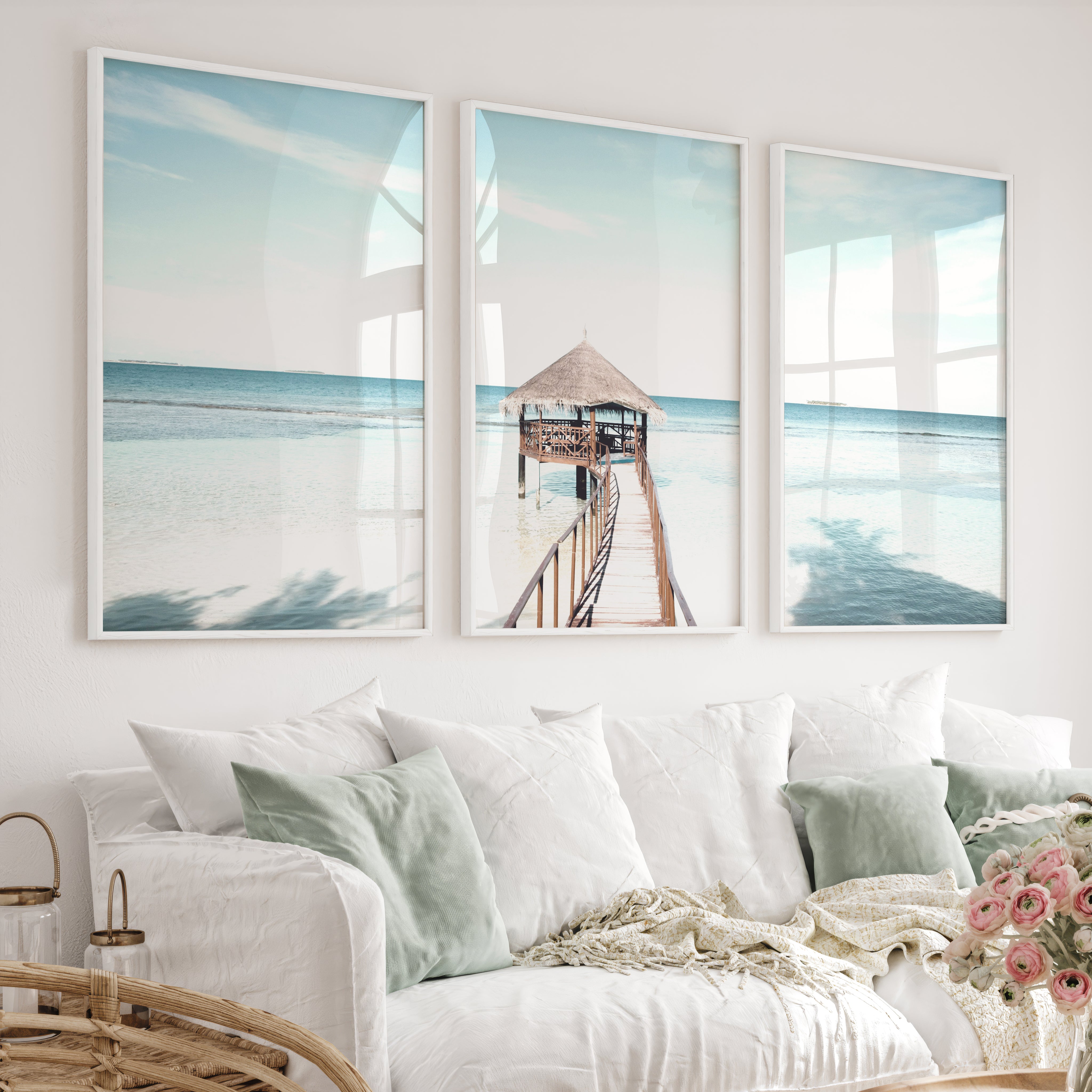 Thatched Pier coastal calm wall art - White Framed Poster No Border - Artworksets