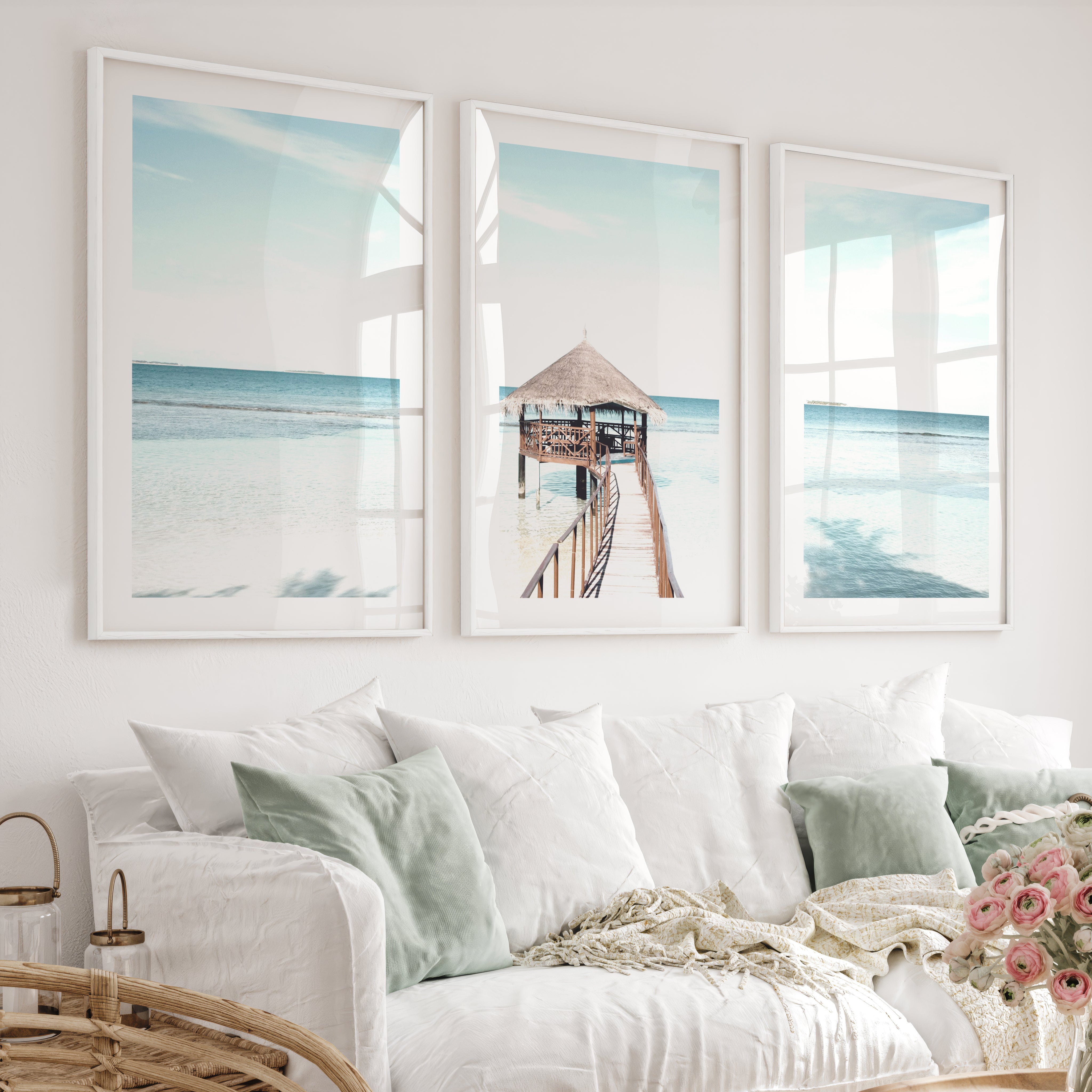 Thatched Pier coastal calm wall art - White Framed Poster with White Border - Artworksets