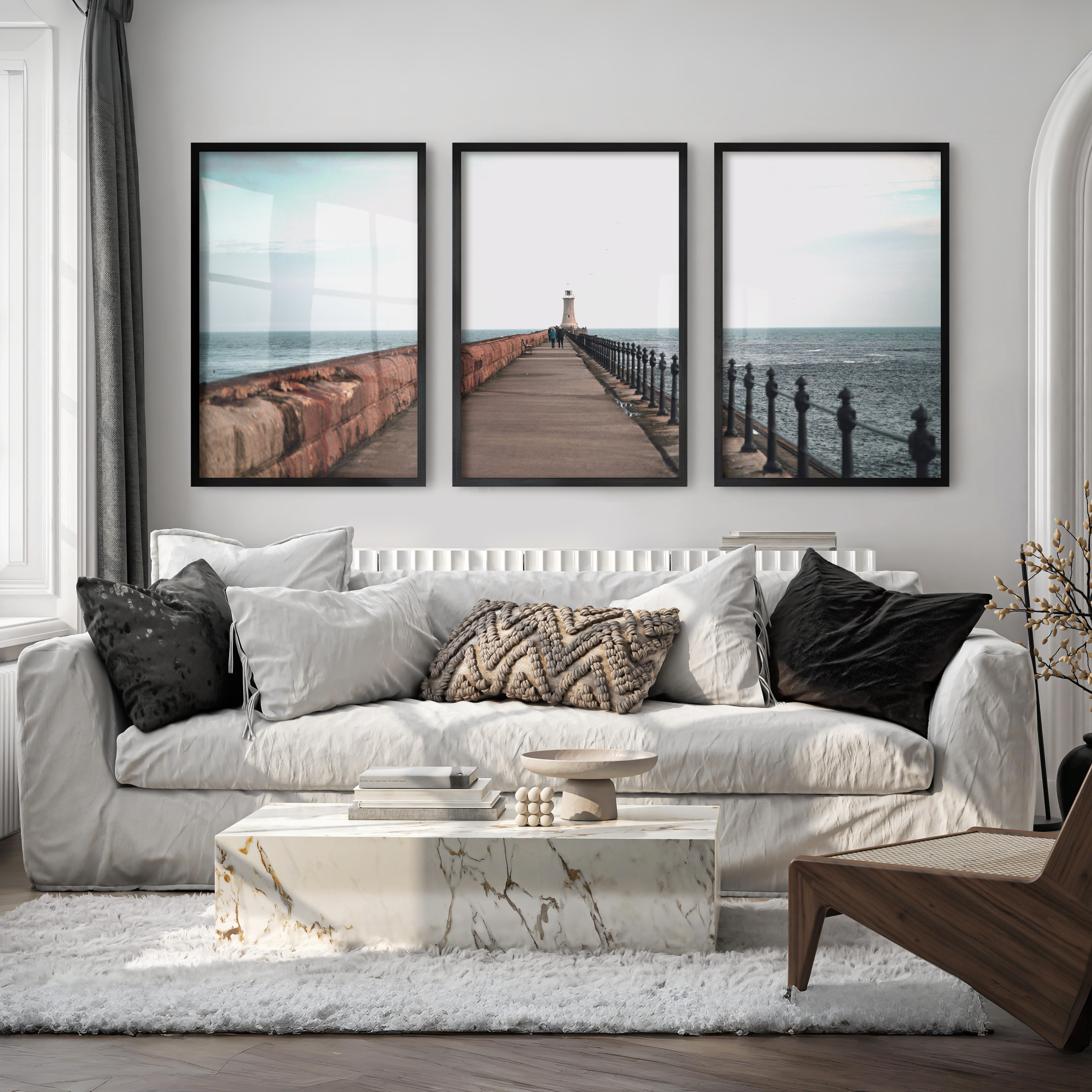 Lighthouse Pier Coastal Chic Wall Decor - Black Framed Poster No Border - Artworksets
