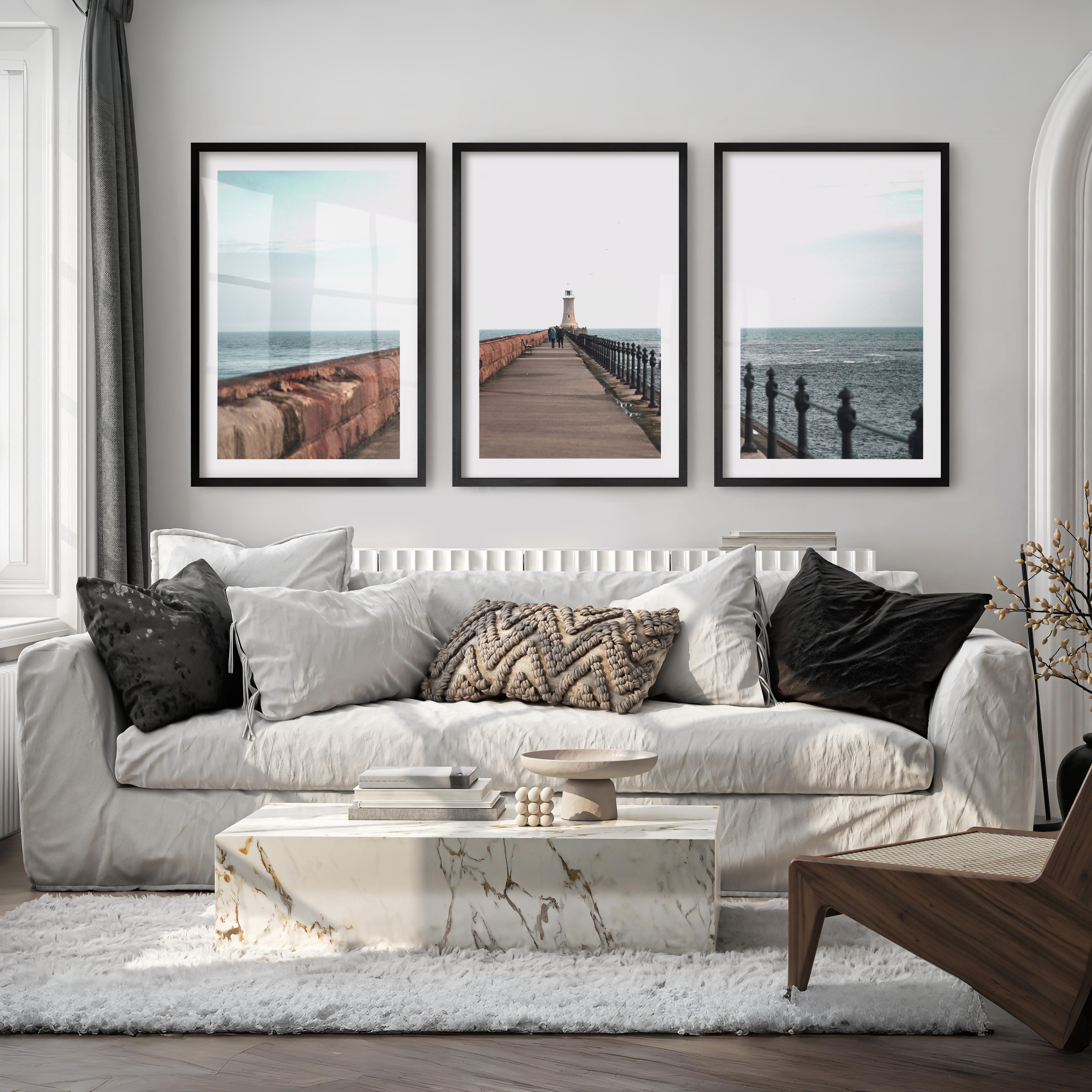 Lighthouse Pier Coastal Chic Wall Decor - Black Framed Poster with White Border - Artworksets