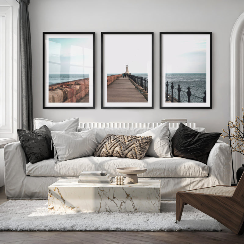 Lighthouse Pier Coastal Chic Wall Decor - Black Framed Poster with White Border - Artworksets