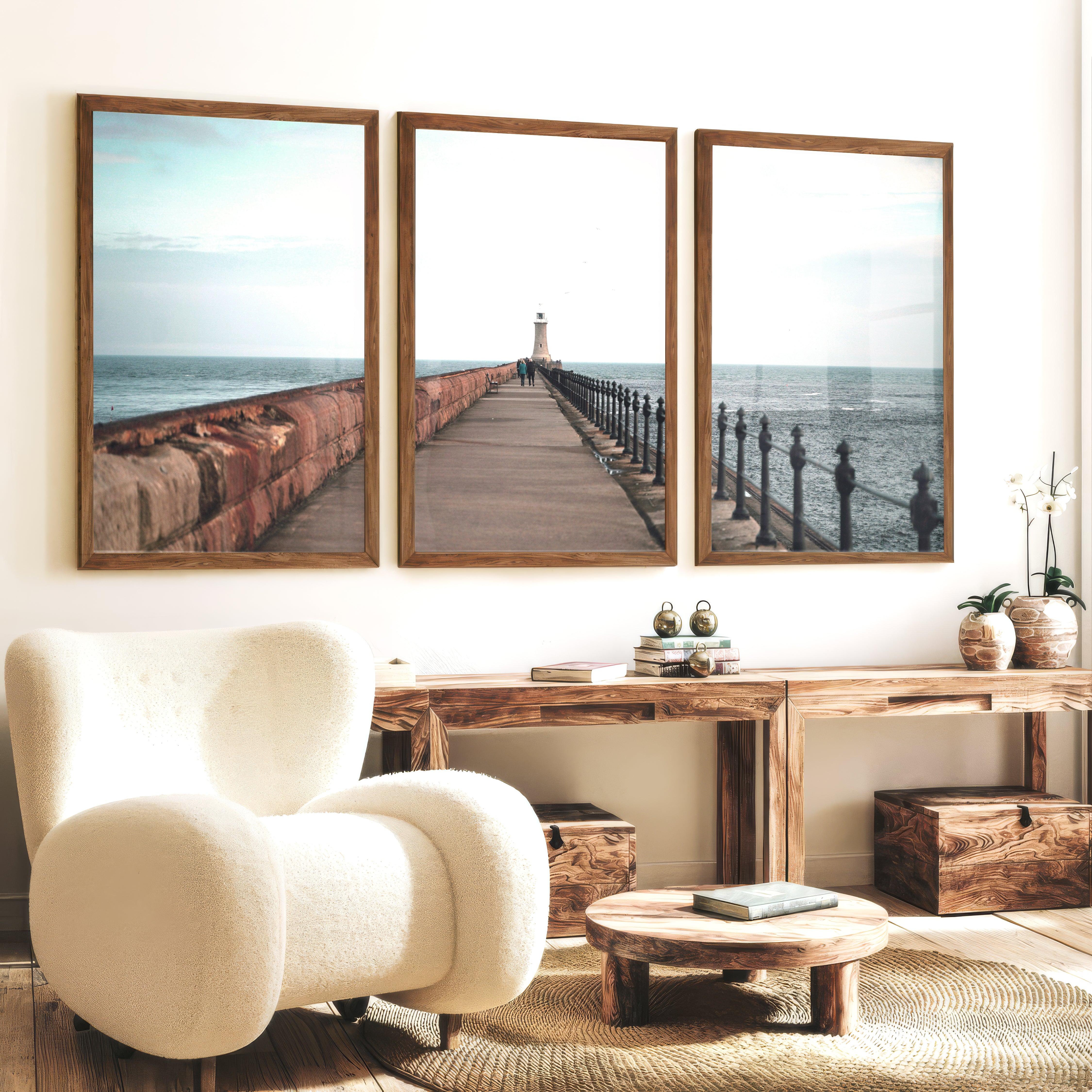 Lighthouse Pier Coastal Chic Wall Decor - Dark Brown Framed Poster No Border - Artworksets