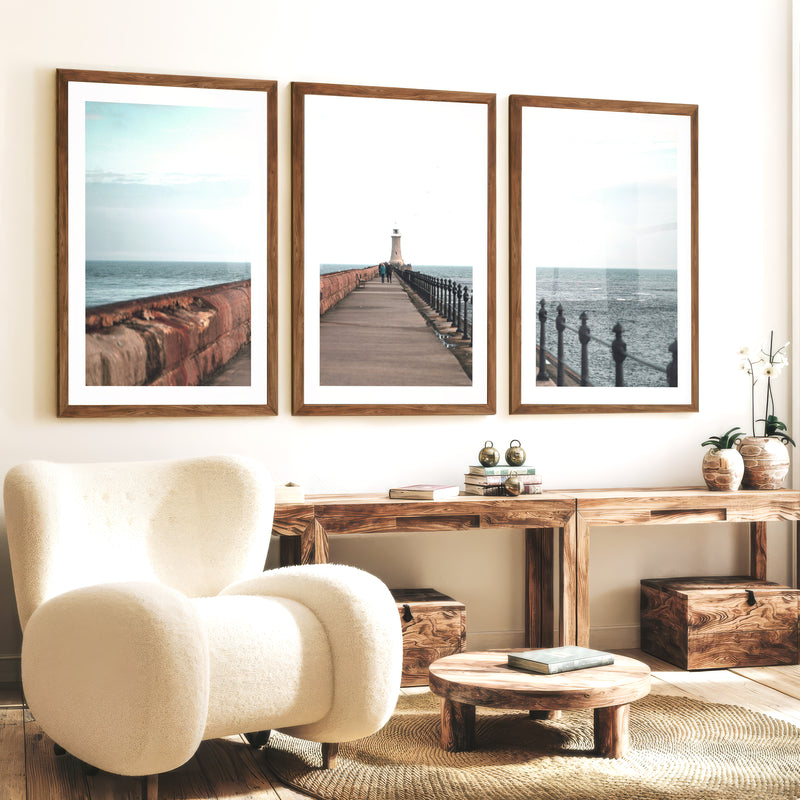 Lighthouse Pier Coastal Chic Wall Decor - Dark Brown Framed Poster with White Border - Artworksets