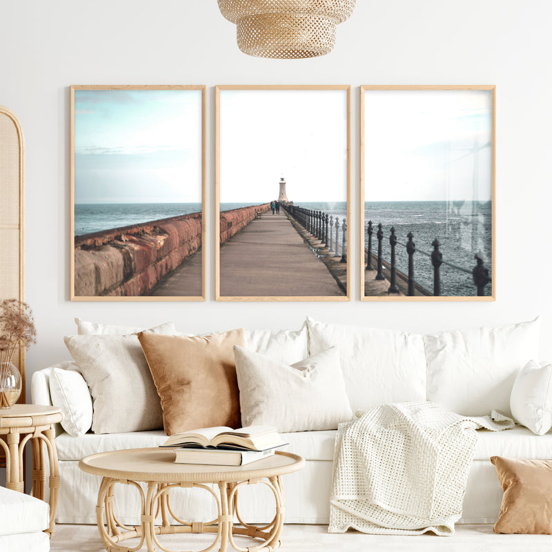 Lighthouse Pier Coastal Chic Wall Decor - Natural Wood Framed Poster No Border - Artworksets