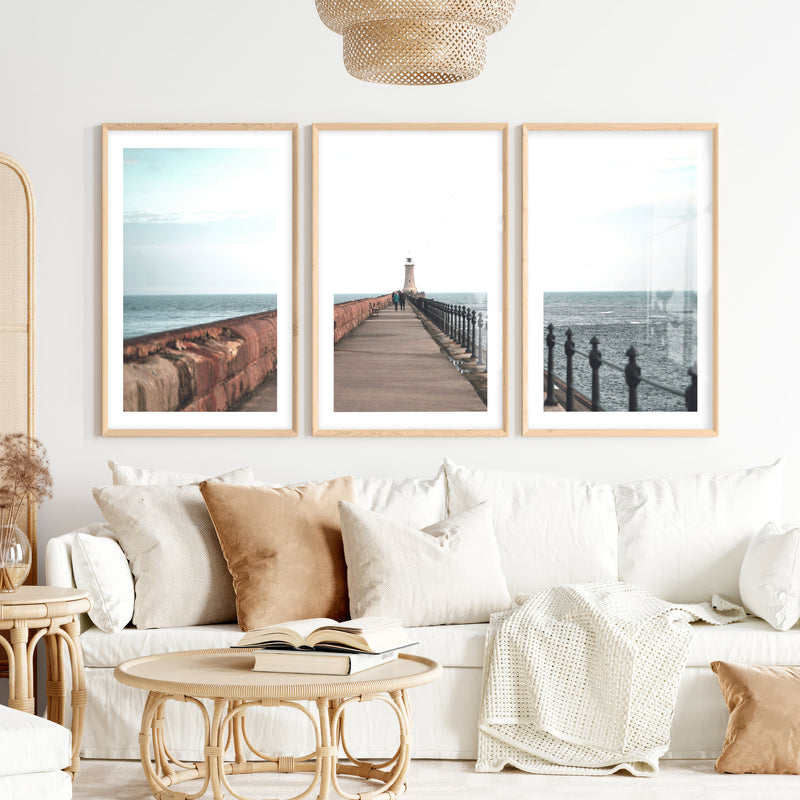 Lighthouse Pier Coastal Chic Wall Decor- Natural Wood Framed Poster with White Border - Artworksets