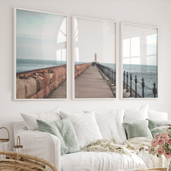 Lighthouse Pier Coastal Chic Wall Decor - White Framed Poster No Border - Artworksets