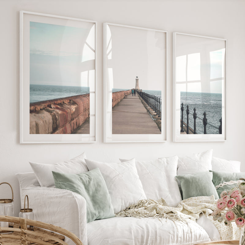 Lighthouse Pier Coastal Chic Wall Decor - White Framed Poster with White Border - Artworksets
