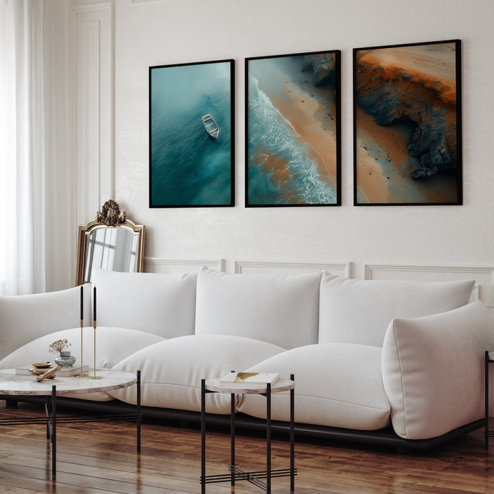 Coastal Cliff Aerial Triptych – Ocean Boat, Shoreline & Rocks - Black Framed Poster No Border - Artworksets
