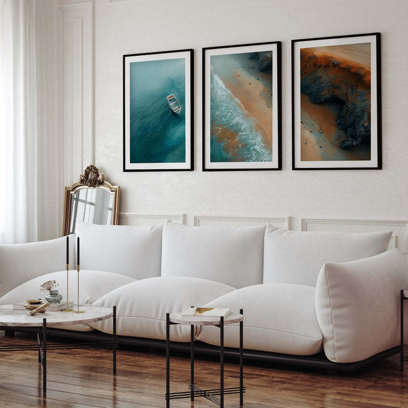 Coastal Cliff Aerial Triptych – Ocean Boat, Shoreline & Rocks - Black Framed Poster with White Border - Artworksets