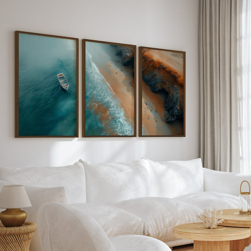 Coastal Cliff Aerial Triptych – Ocean Boat, Shoreline & Rocks - Dark Brown Framed Poster No Border - Artworksets