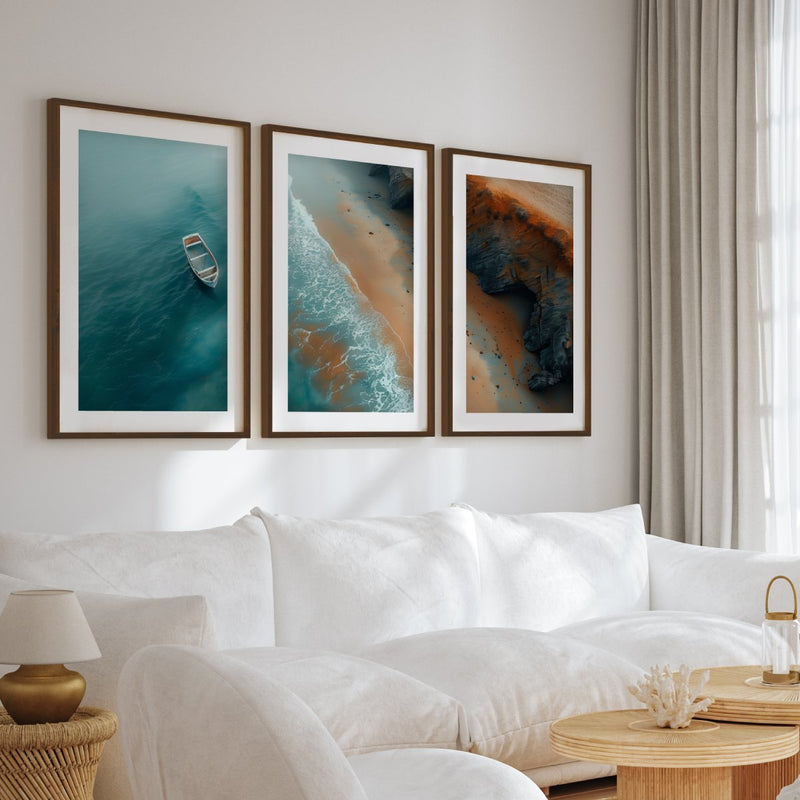 Coastal Cliff Aerial Triptych – Ocean Boat, Shoreline & Rocks - Dark Brown Framed Poster with White Border - Artworksets