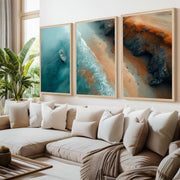 Coastal Cliff Aerial Triptych – Ocean Boat, Shoreline & Rocks - Natural Wood Framed Poster No Border - Artworksets