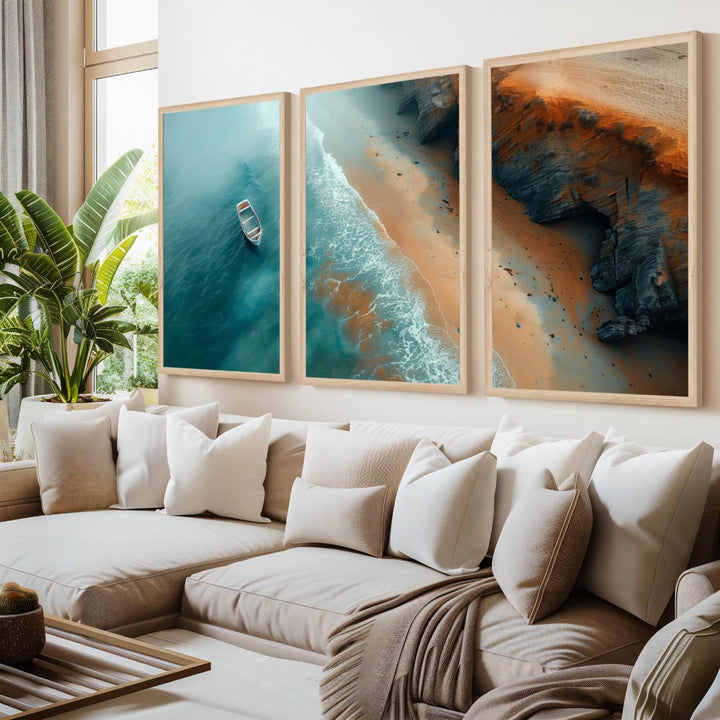 Coastal Cliff Aerial Triptych – Ocean Boat, Shoreline & Rocks - Natural Wood Framed Poster No Border - Artworksets