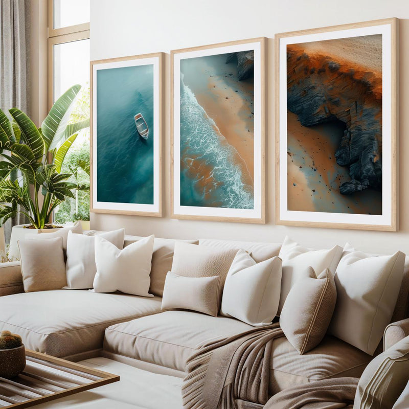 Coastal Cliff Aerial Triptych – Ocean Boat, Shoreline & Rocks- Natural Wood Framed Poster with White Border - Artworksets