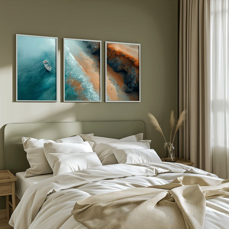 Coastal Cliff Aerial Triptych – Ocean Boat, Shoreline & Rocks - White Framed Poster No Border - Artworksets