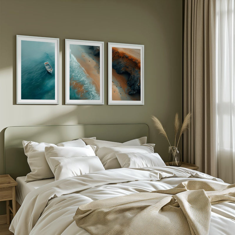 Coastal Cliff Aerial Triptych – Ocean Boat, Shoreline & Rocks - White Framed Poster with White Border - Artworksets