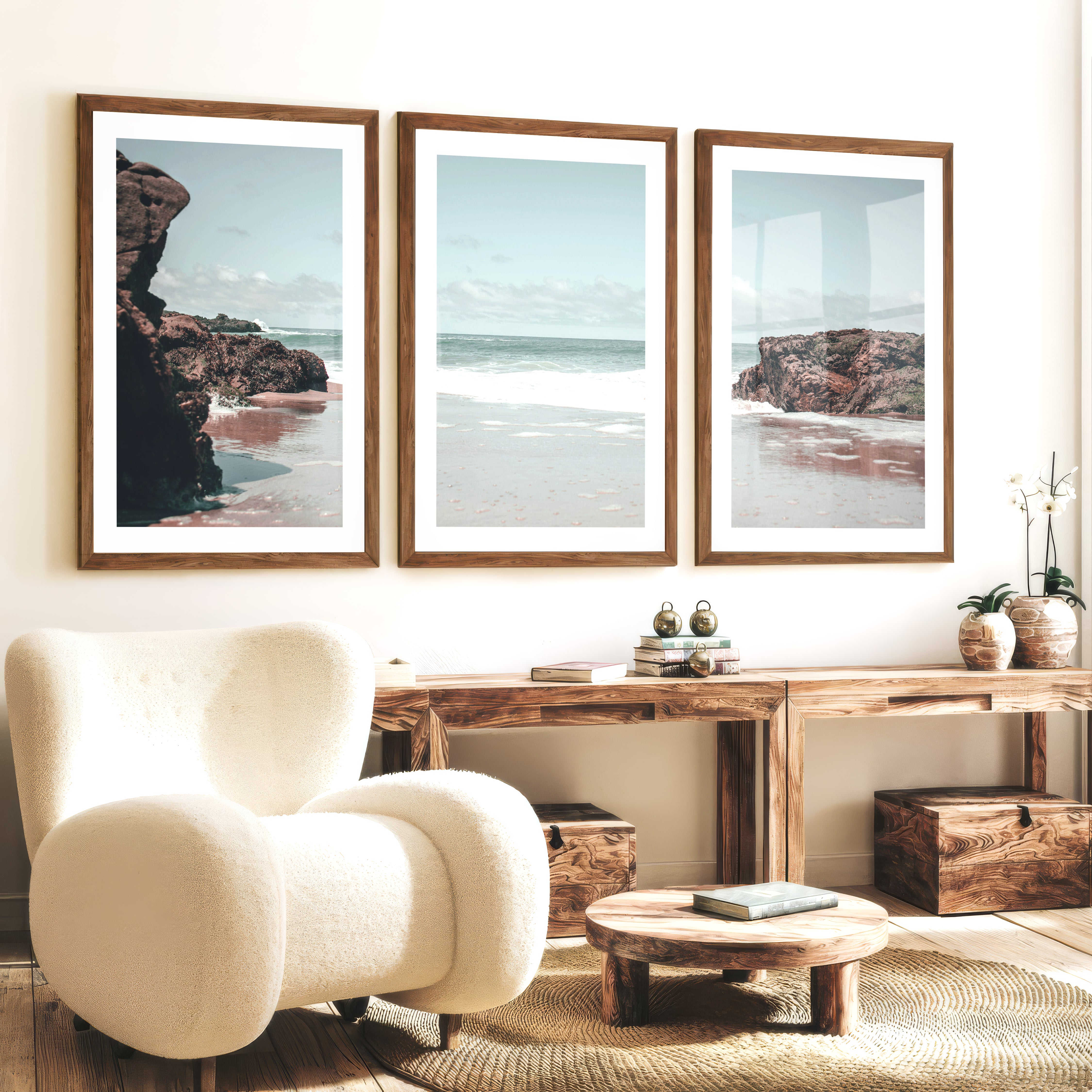 Rocky Tide coastal decor artwork - Dark Brown Framed Poster with White Border - Artworksets
